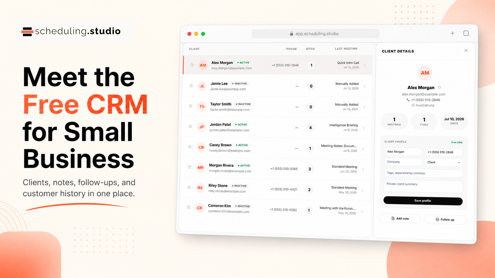Scheduling Studio free CRM dashboard with example client profiles, meeting counts, notes, and follow-up actions